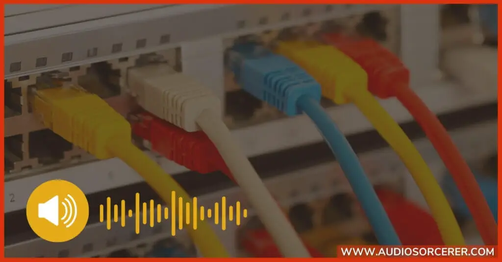 Network switches with ethernet cables and an audio waveform representing AVB.