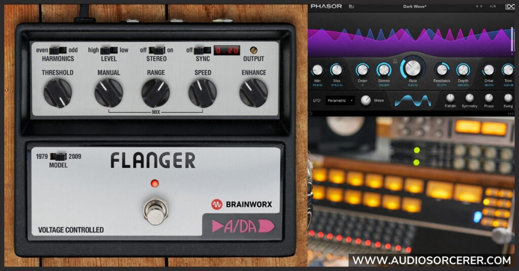 A collage of a flanger and phaser pedal and a recording studio.