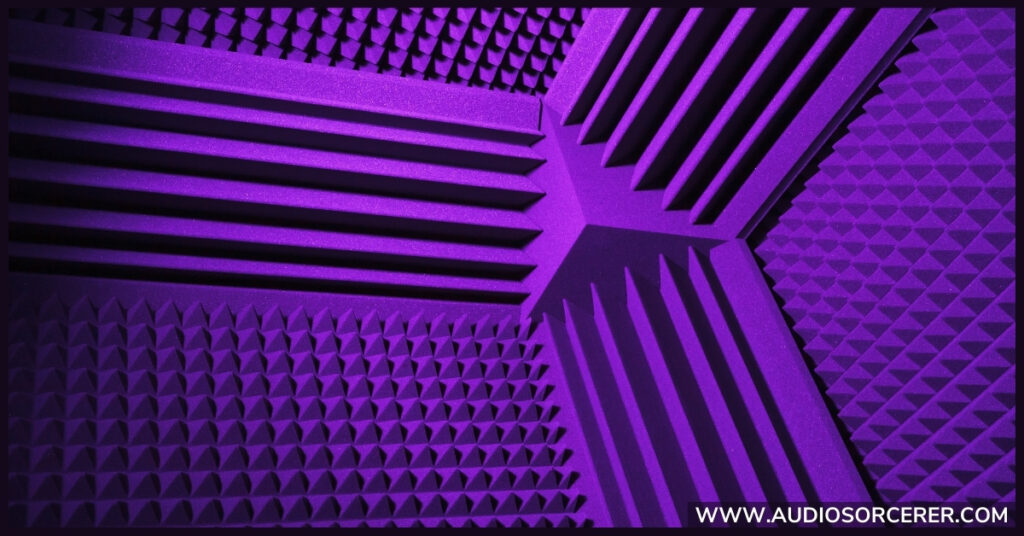 Purple acoustic foam and bass trap.