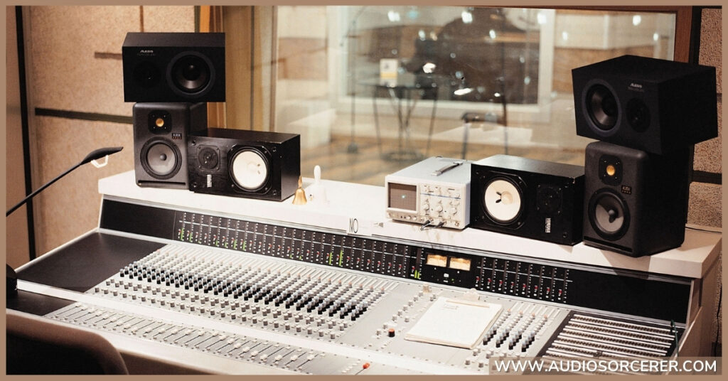 Several near field monitors setting on a recording studio desk.