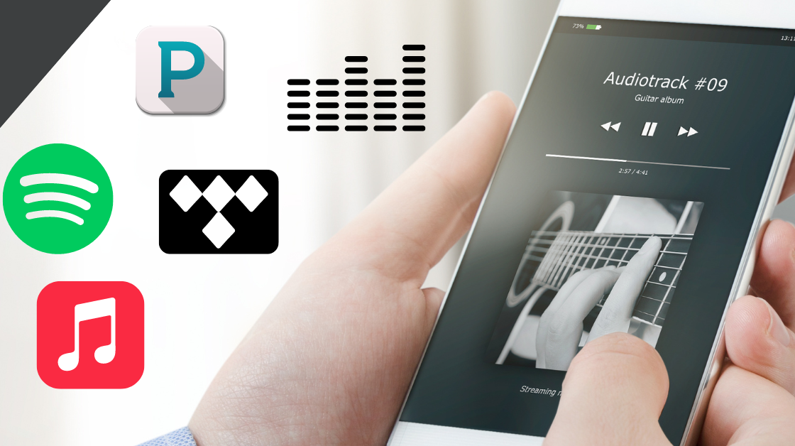 Close-up of a phone streaming music with logos of popular music streaming services floating around it.