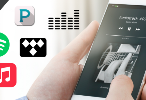 Close-up of a phone streaming music with logos of popular music streaming services floating around it.