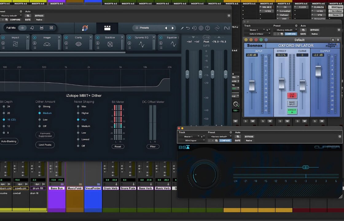 Audio mastering session in Pro Tools featuring the plugins Izotope Ozone, Sonnox Oxford Inflater, and the Black Salt Audio Clipper.