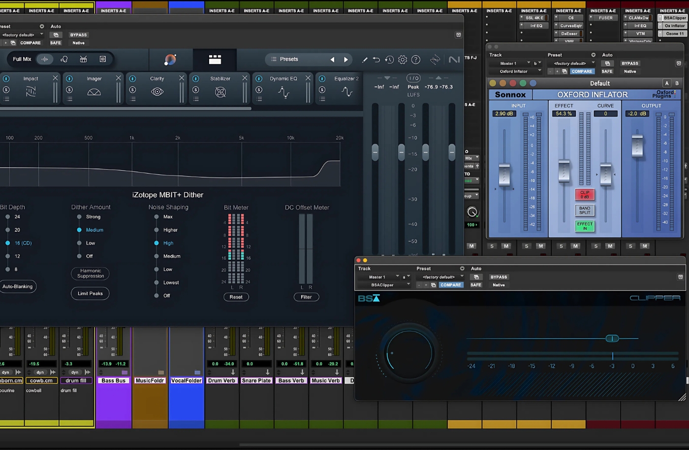Audio mastering session in Pro Tools featuring the plugins Izotope Ozone, Sonnox Oxford Inflater, and the Black Salt Audio Clipper.