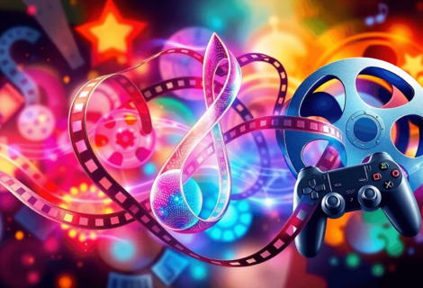 A colorful image featuring a music note intertwined with film reels and video game controllers, symbolizing the connection between music and media ...