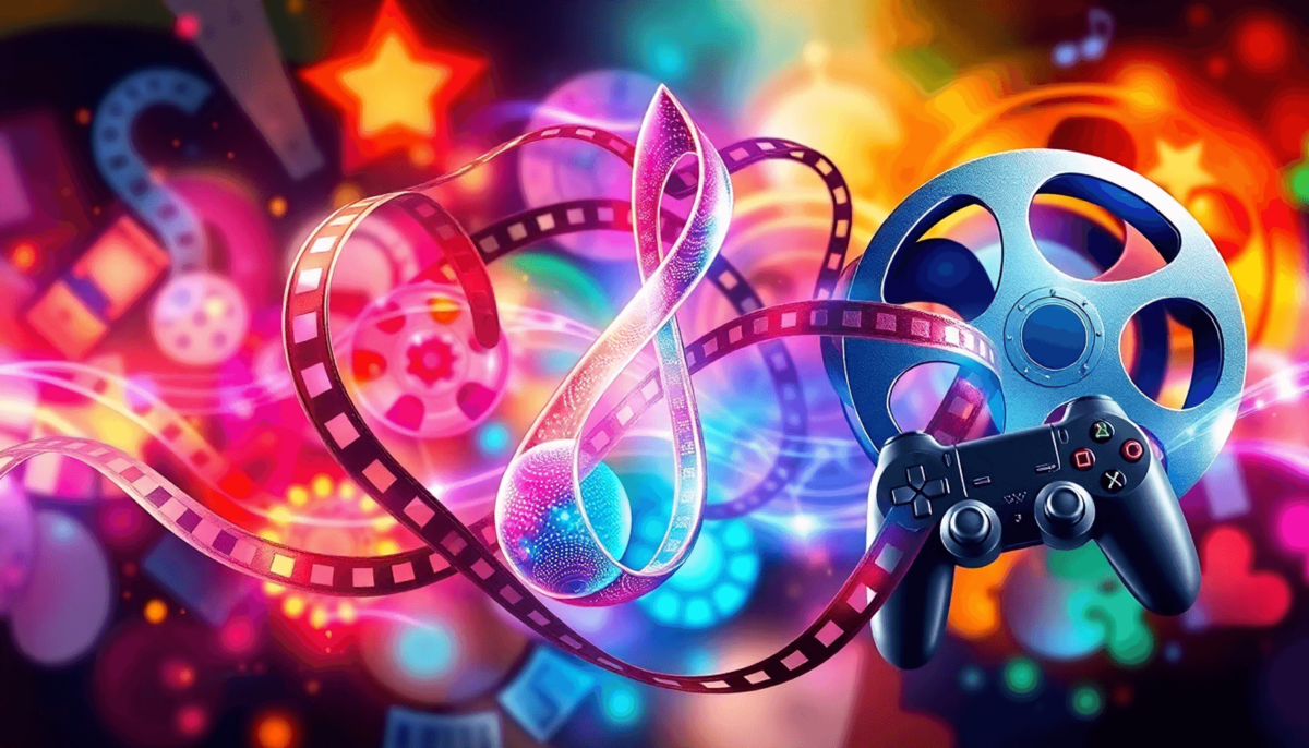 A colorful image featuring a music note intertwined with film reels and video game controllers, symbolizing the connection between music and media ...