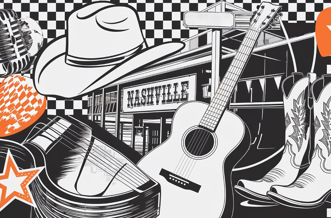 Illustration of country music elements including a cowboy hat, cowboy boots, acoustic guitar, and the word "Nashville".
