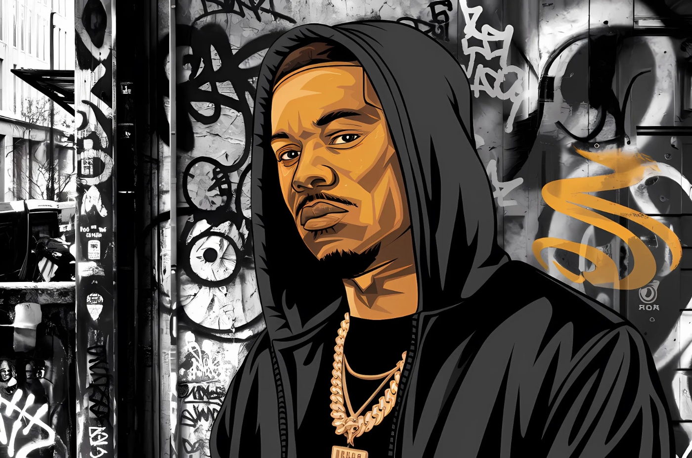 Male rapper wearing bling in the city with graffiti behind him.