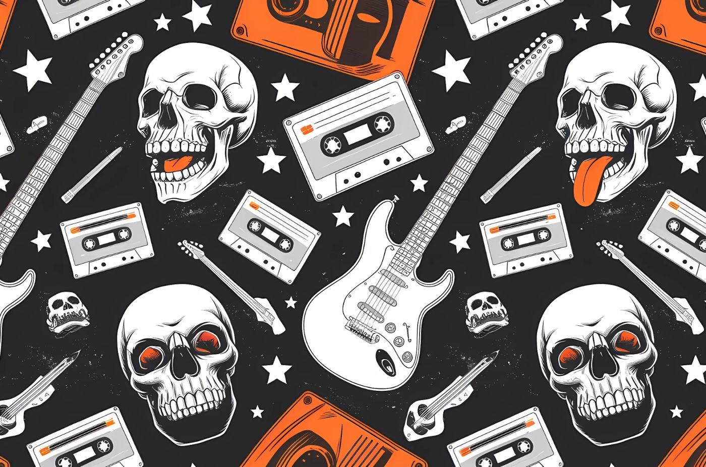 Rock music collage with skulls, guitars, and cassette tapes.