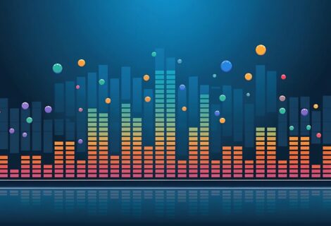 Graphic of colorful audio EQ bars.