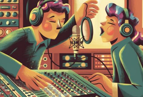 Female singer recording in the studio with a male engineer running the session.