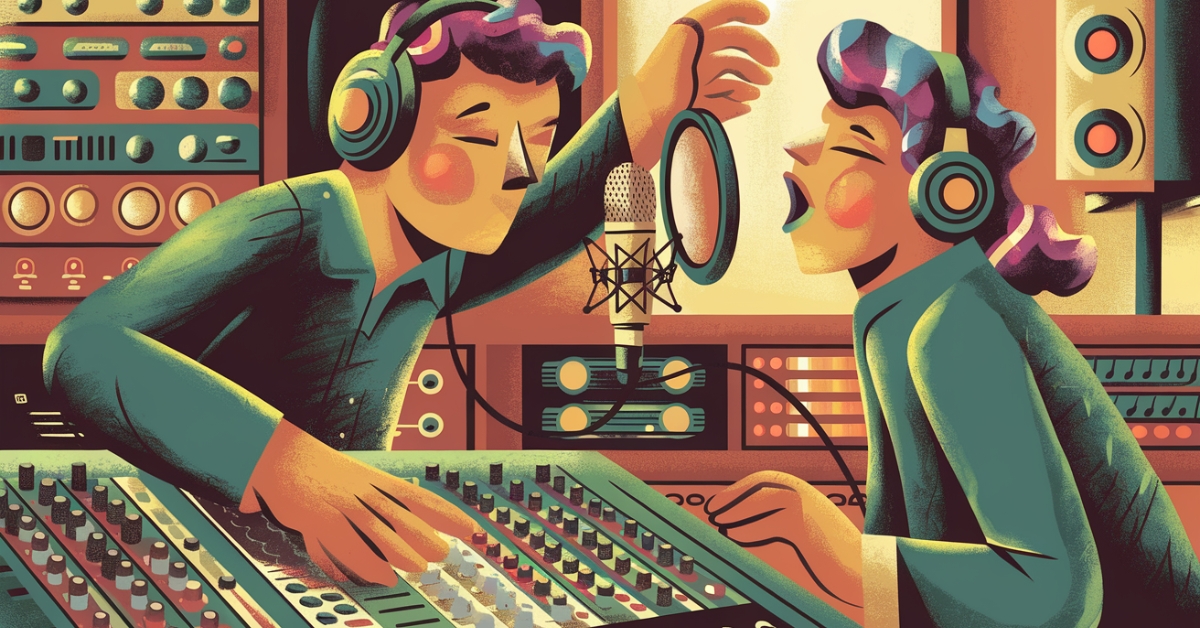 Female singer recording in the studio with a male engineer running the session.