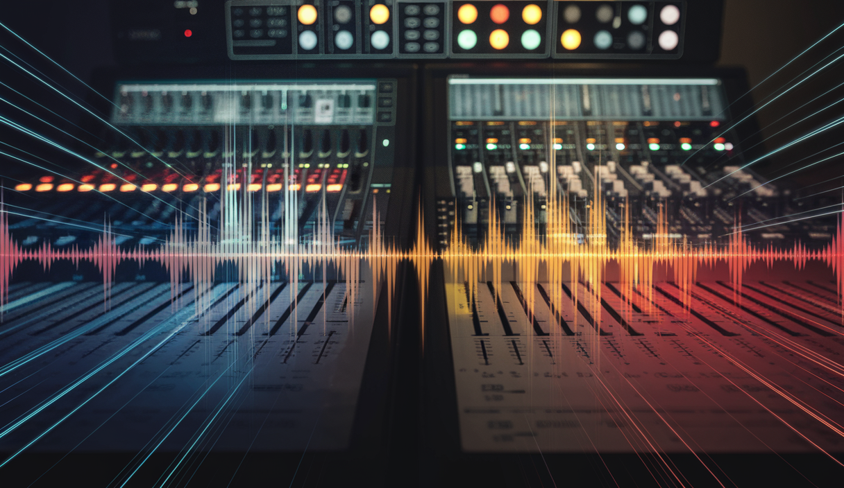 Mixing console in the studio with audio waveforms on it representing rms in audio.