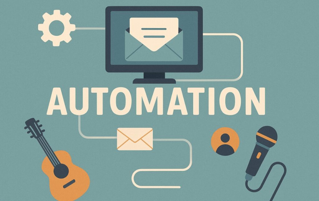 A computer with email open, a gear icon, a microphone, and a guitar with the word "Automation".