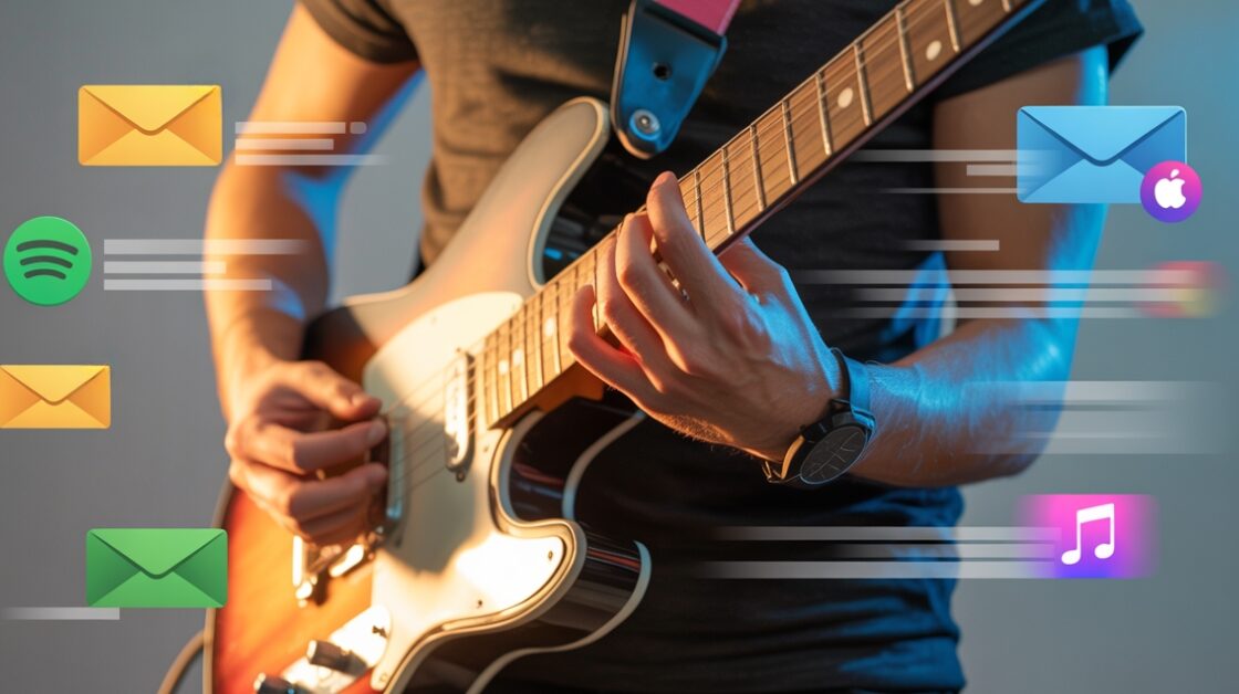Closeup of a guy playing the electric guitar with emails floating around him representing emailing marketing for musicians.