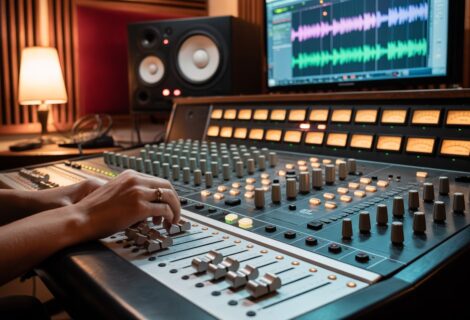 Closeup of an audio mastering engineers hand on a console with a computer screen in the background with audio waveforms on it.